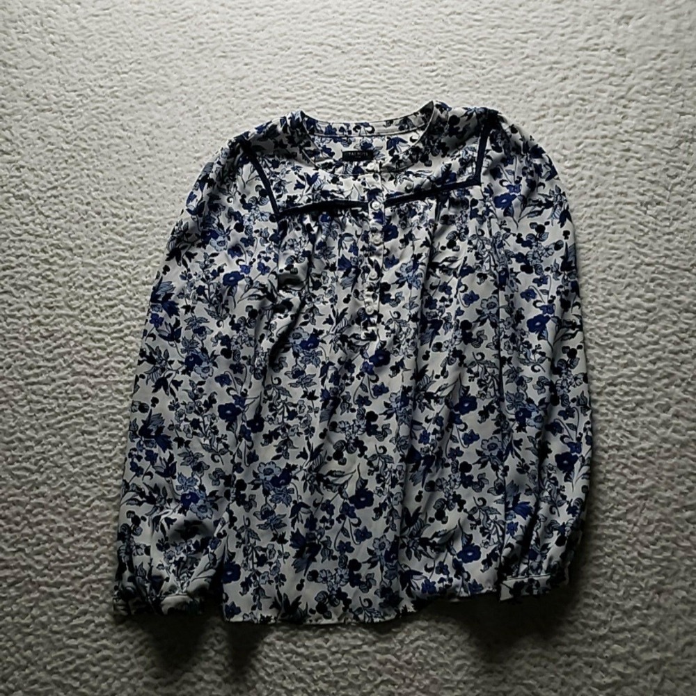 Talbots Blouse Womens SP Petite White Round Neck Long Sleeve‎ Floral Print Top